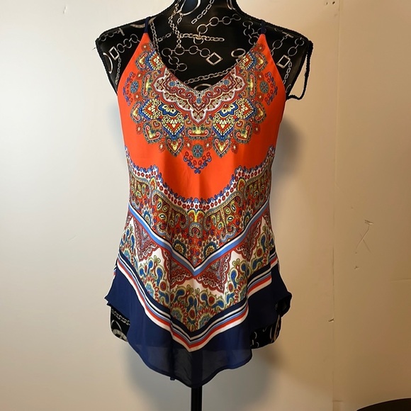 I.N. San Francisco Tops - I.N. San Francisco Hanker-chief Hem Orange Navy Paisley Pattern Size Small